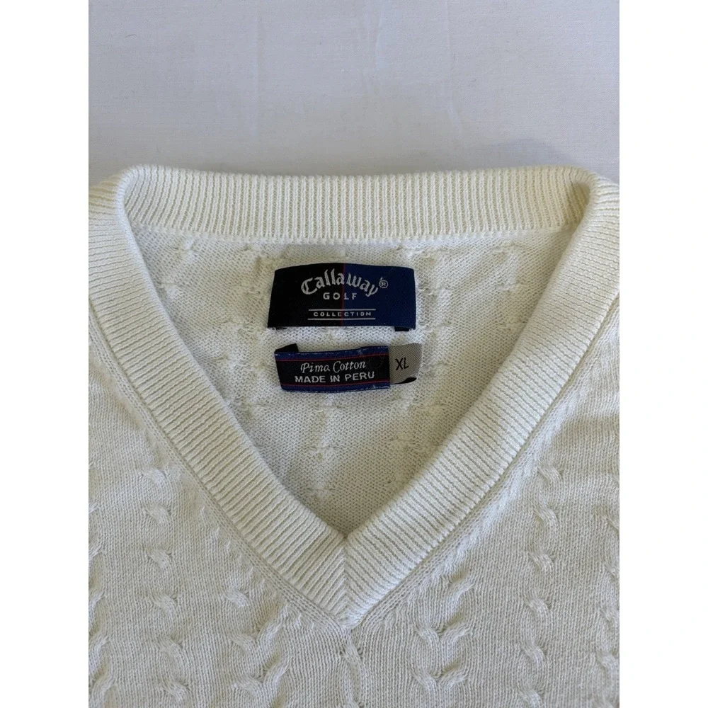 Callaway Golf Men's 100% Pima Cotton Cable Knit Ivory V-neck Sweater Vest XL